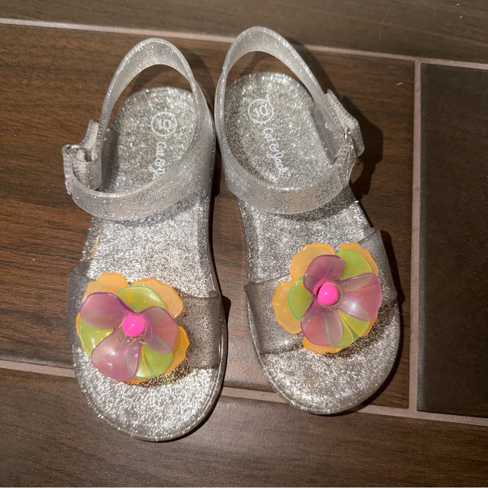 Cat & Jack Toddler Girl’s Kate Clear Glitter Jelly Multicolor Flower Sandals 10